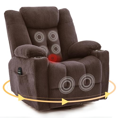 Image of COZHRNIES Swivel Rocker Recliner Chair, Rocking Recliner with Heat and Massage, Glider Chairs Sofa with Side Pockets and Cup Holders for Living Room, Bedroom and Home Theater (Brown)