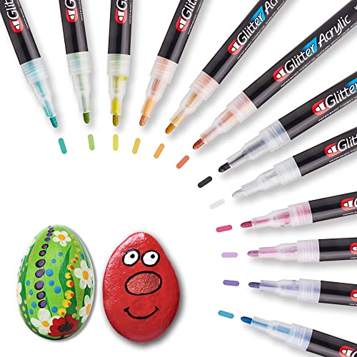 Eoouooip Glitter Acrylic Pen,Acrylic Paint Marker Pens,Acrylic Markers,Glitter Markers,12 Colors Paint Markers For Rock Painting, Mug, Ceramic, Glass, Wood, Fabric Painting, Canvas,Diy Crafts,1.0Mm #TOP1