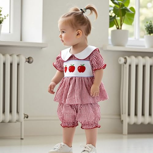Toddler Baby Girl Back to School Outfits Short Sleeve Apple Smocked Tops Plaid Shorts First Day of School Clothes4