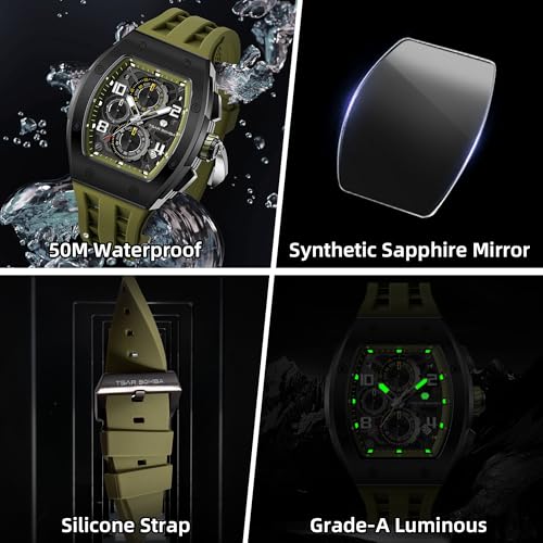 Image of TSAR BOMBA Mens Luxury Watch Watches for Men 50M Waterproof Japanese Quartz Movement Tonneau Stainless Steel Case Sapphire Glass with Chronograph Date Function Cool Unique Fashion Gift