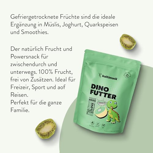 Kultsnack Gefriergetrocknete Kiwi – 100 g – Snack Für Kinder – Im Dino Comic Design – Frucht Chips – Für Zwischendurch und für Unterwegs– Ohne Zusätze – Ohne Zucker – Ungeschwefelt (Glutenfrei)