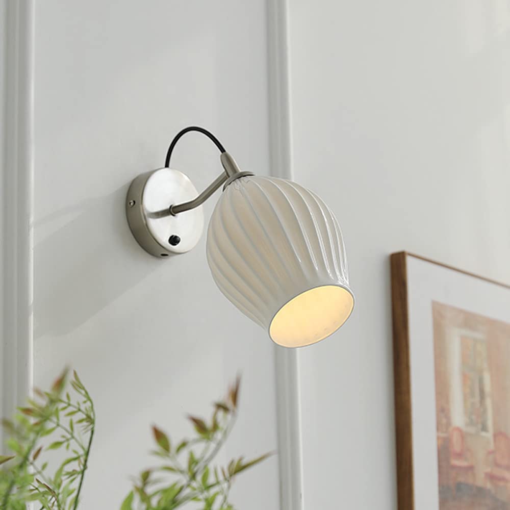 SXECAEPS Ribbed Ceramic Wall Mount Light White Lamp Nordic Hardwired Sconce with Switch, Indoor Home Decor Lighting Fixtures E14 Headboard Lamps for Living Room Bedroom Bedside