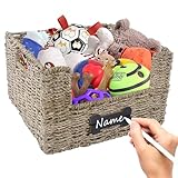 Brabtod Collapsible Trapezoid Dog Toy Basket,Dog Stuff Organizer,Pet Wicker Baskets with Handles,Dog Toy Bin Medium,Dog Toy Storage Box with Diy Tag,Handwoven Dog Basket for Leash/Toys/Snacks