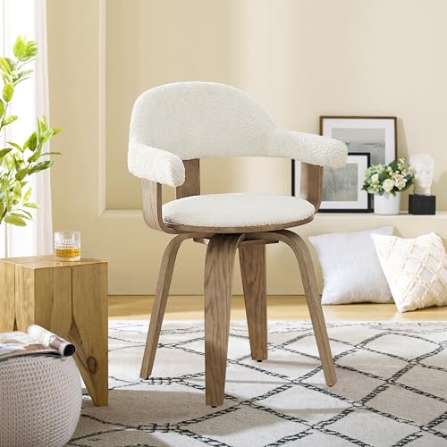 Zouron Chaise de Salle à Manger Pivotante en Polyester - Fauteuil Moderne avec Pieds en Bois Massif, Dossier pour Salon, Cuisine, Bureau - Blanc