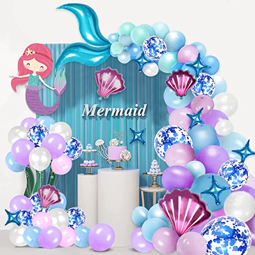 Meerjungfrau Ballon Schwanz Kit, 87 Stück Meerjungfrau Partyzubehör Luftballon, Blaulila Meerjungfrau Ballonbogen, Partydeko Cartoon Folienballon für Ozeanmotiv, Geburtstagparty, Hochzeitdeko Cover