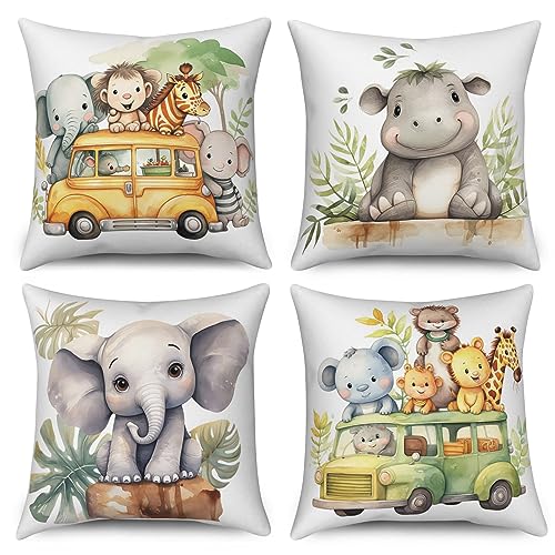 ASDCXZ Fundas de Cojines Infantiles 40x40 cm Juego de 4, Animales Elefante Hipopótamo León Jirafa Fundas de Cojines para Sofá Lavable Poliéster Lino Textil Funda de Cojines para Exteriores