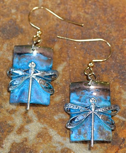 Verdigris Patina Solid Brass Dragonfly on Barrel Shaped Rectangle Dangle Earrings - USA Made2