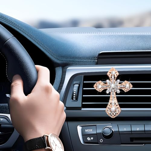 Image of Bling Cross Car Air Vent Clip, Crystal Rhinestone Sparkling Vehicle Air Conditioner Outlet Clamp Charm, Dazzling Diamond Automotive Vent Decoration Clip, Universal Fit (Golden)