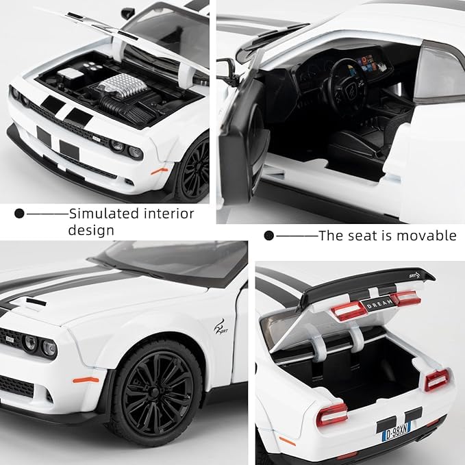 Image of 1:22 Scale Dodge Challenger SRT Hellcat-Devil Eye Toy Car | Metal Pullback Diecast Car for Kids with Openable Doors, Sound, Light Effects Toy for Car Enthusiasts (Color As Per Available)