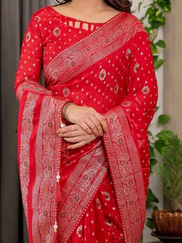 Image of ALMAARI FASHION Fendy Satin Foil Print Floral Saree with Tassels, Traditional Butti Motifs, 5.5m with 0.8m Blouse (FOIL 102 RED H)