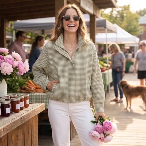 Plaid Bomber Jacket Women Oversized Cropped Funnel Neck Gingham Jacket - image 5