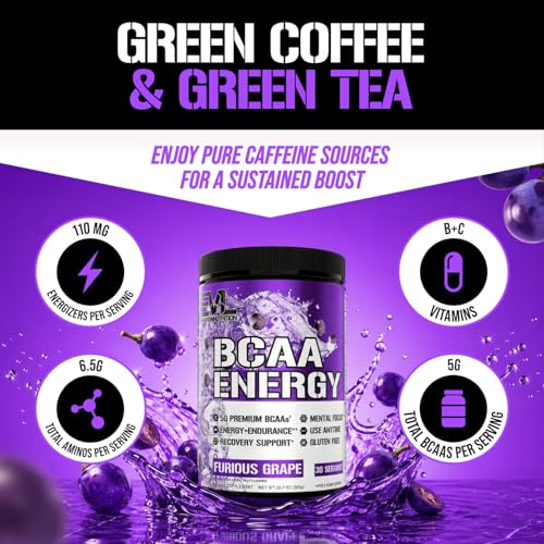 Image of EVL BCAAs Amino Acids Powder - BCAA Energy Pre Workout Powder for Muscle Recovery Lean Growth and Endurance - Rehydrating Post Workout Recovery Drink with Natural Caffeine - Furious Grape