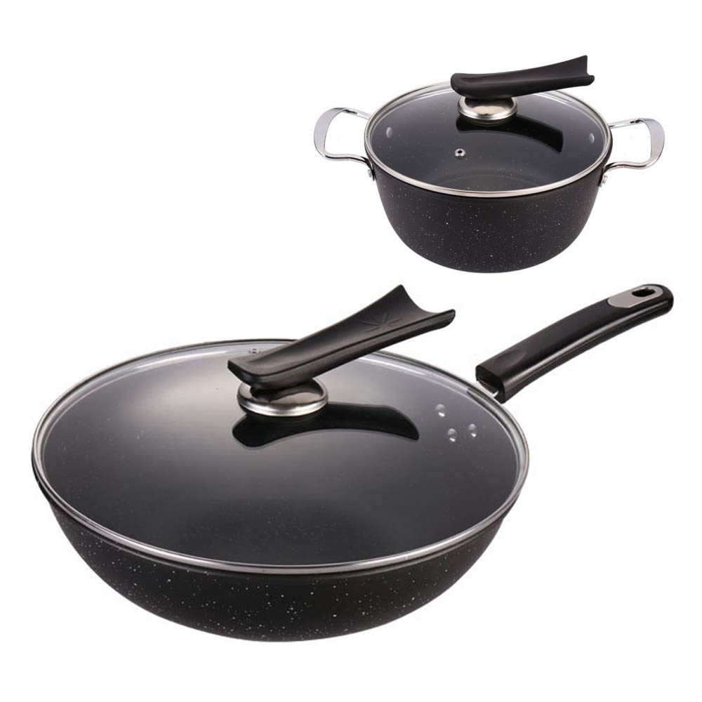 Pentola Cucina, pentole padelle, Set pentole in Alluminio pressofuso, Set padelle multifunzionali la casa con Coperchio in Vetro Rivestimento Antiaderente