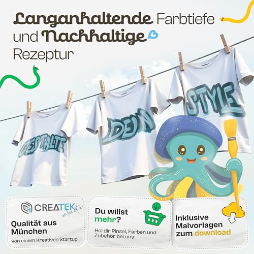 CreaTek Textilfarbe waschmaschinenfest 12 intensive Farben je 25ml + 2 Pinsel - echte Stoffmalfarben waschfest bis 40 °C - Stofffarben ideal für helle T-Shirts, Schuhe, Taschen - Fabric Paint Set