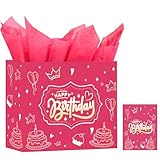 DUGUTUL Upgraded 13" Pink Happy Birthday Gift Bag with Tissue Paper and Greeting Card for Party, Gold-Foil “Happy Birthday” Gift Bag for Men Women Boy Girl, Inner-Bond Handles – No Punch Holes, No Rip-Outs