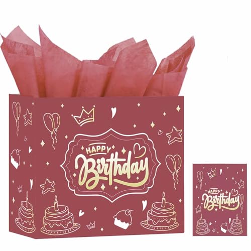 DUGUTUL Upgraded 13" Pink Happy Birthday Gift Bag with Tissue Paper and Greeting Card for Party, Gold-Foil “Happy Birthday” Gift Bag for Men Women Boy Girl, Inner-Bond Handles – No Punch Holes, No Rip-Outs
