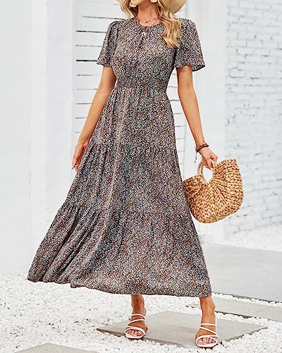 Image of PRETTYGARDEN Women's Casual Smocked Boho Floral A-Line Maxi Dress 2026 | Summer Short Flutter Sleeve Crewneck Tiered Long Sundress,Fall Wedding Guest Dresses,Spring Cute Flowy Beach Vacation Clothes
