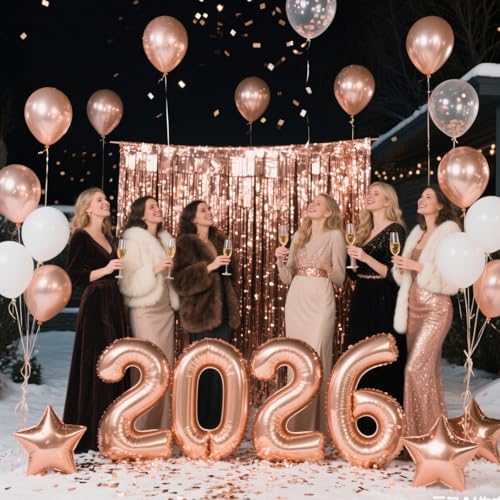 Image of JOJO FLY Rose Gold Graduation Decorations 2026, Rose Gold 2026 Balloons, Rose Gold and White Balloons Set, Foil Curtain, Graduation Balloons, Class of 2026