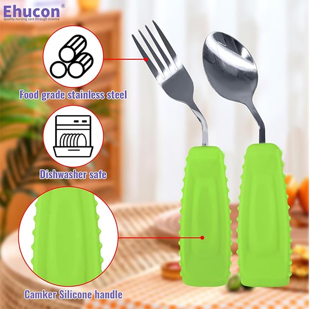 Image of Adaptive Utensils Angled Spoon and Fork for Hand Tremors Parkinsons,Weighted Utensils with Non-Slip Easy Grip Handles for Independent Eating (1pcs Spoon+1pcs Fork=2 pcs,Green,Right Hand)