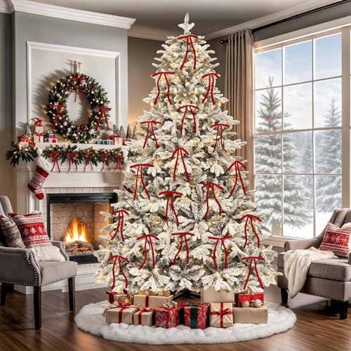 Image of 24 Pcs Red Velvet Bows Ornaments for Christmas Tree, Vintage Rustic Elegant Velvet Christmas Bows Tree Decorations, Indoor Home Decor for Wreath Mantle Gift Wrap Holiday Decor, 3 /8'' W, 5 * 7 inch