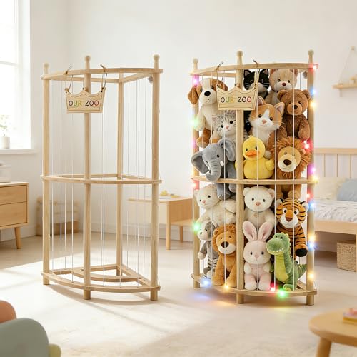 Ecke Kuscheltier Aufbewahrung mit Lichterketten,Doppellagig Holz Stofftier Aufbewahrung, 90cm OUR ZOO Niedlich Raumsparende Plüschtier Spielzeug Organizer für Spielzimmer & Schlafzimmer Home Decor