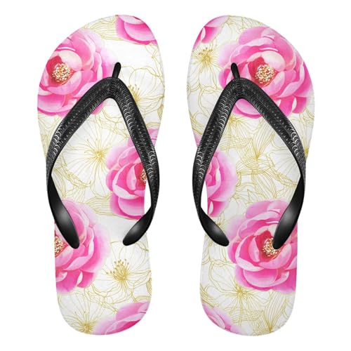 Pink Flower Golden Flip Flops for Beach Thong Sandals Anti-slip Lightweight Shower Shoes for Summer Outdoor Travel