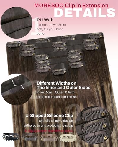 Image of Moresoo Seamless Clip in Human Hair Extensions, Ombre Brown, for Daily Wear | Clip in hair extensions remy hair, balayage medium brown to warm caramel, 22inch 120g 7pcs, for weddings and photoshoots