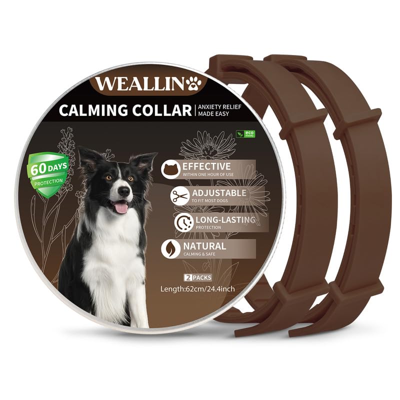 WEALLIN Collare Calmante Anti-Ansia per Cani, Regolabile e Impermeabile, Feromoni Naturali 60 Giorni per Cuccioli e Cani di Grossa Taglia (2pz, Marrone)
