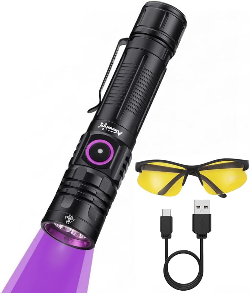 ALONEFIRE SV143 395nm UV Flashlight 10W Type C USB Rechargeable Black Light Money Detector for Resin Curing, Pet Urine Detection, Scorpion, Fishing, Minerals, Leaks with Battery, UV Protective Glasses