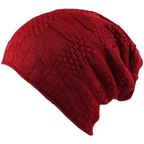 Itzu Unisex Waffle Knit Slouch Beanie Hat Wool Mix Fleece Interior Winter Ski Mens Womens (Burgundy) Cover