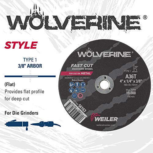 Image of Weiler 56163 4-Inch Cutting Wheel, Wolverine AO Steel /Metal Fast Cutting, Value Snagging, 1 /4 inch A36T Type 1 3 /8 inch Arbor (Pack of 10)