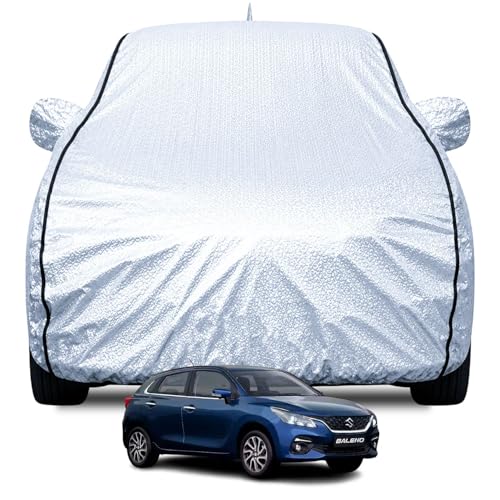 FABTEC Waterproof Car Body Cover for Maruti Baleno New with Mirror and Antenna Pocket, Soft Cotton Lining, Triple Stitched (Heat Resistant Metallic Si