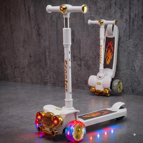 Image of Baybee Twirlo Baby Kick Scooters for Kids with 3 Height Adjustment | Foldable Skating Scooter with Foot Brake | Kids Scooter with RGB Lights & Music | Runner Scooters for Kid 2-10 Years (White)