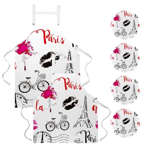 Lot de 2 tabliers de cuisine Tour Eiffel Paris avec 4 broches pour bistrot