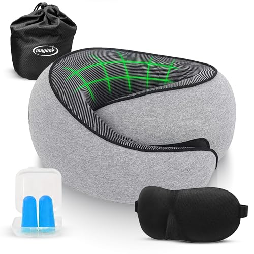 Magime Almohada Viscoelastica de Viaje Ergonómica 360° – Soporte Cervical para Avión, Tren o Oficina – Incluye Bolsa de Viaje, Máscara y Tapones – Ideal para Dormir sin Dolor de Cuello