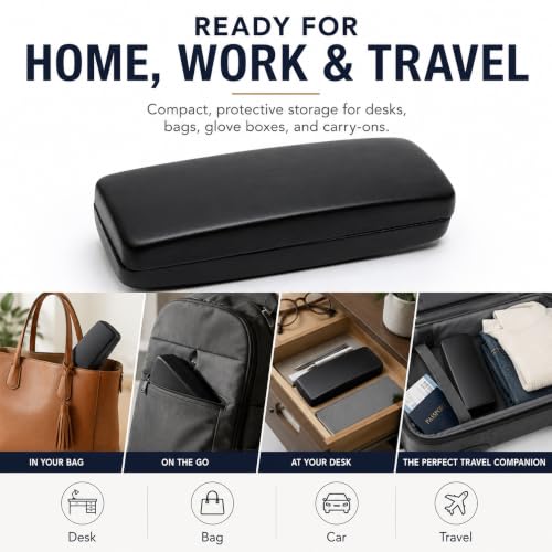 Image of Calabria S412 Extra Large Hard Shell Eyeglass Case - Black Snap Closure Glasses Case with Soft Felt Interior