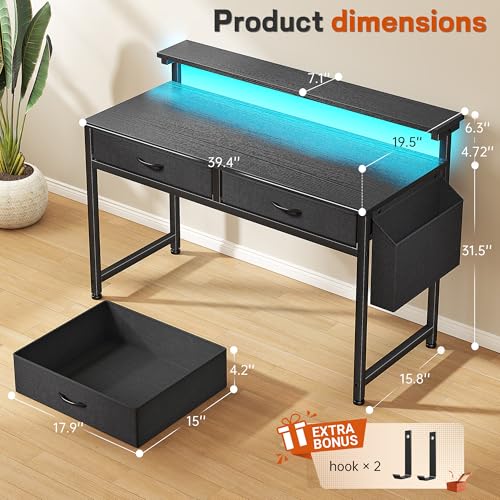 Image of DurayLoly Gaming Desk with LED Lights & 2 Fabric Drawers, 39.4Inch Home Office Computer Desk with Side Pocket & Ergonomic Monitor Stand, Small Space Study Writing Table with Anti-Tip Design,Black