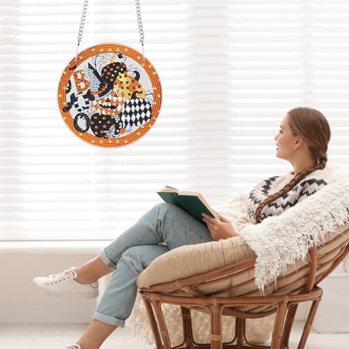 Image of 5D DIY Halloween Diamond Painting Hanging Ornament, Acrylic Rhinestone Pendant Craft with Ghost, Pumpkin, Bat & Witch Hat, Diamond Art Window Suncatchers for Home Wall & Door Holiday Decoration