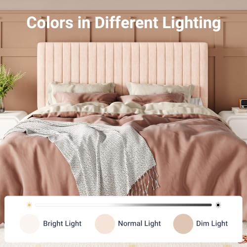 Image of Allewie Full Bed Frame, Upholstered Platform Bed with Adjustable Vertical Channel Tufted Headboard, Mattress Foundation with Strong Wooden Slats, Box Spring Optional, Easy Assembly, Chenille Pink