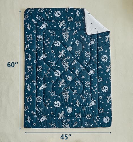 Image of 4 Pieces Toddler Bedding Set for Boy,Space Toddler Bed Comforter Set,Soft and Breathable Microfiber Crib Sheet Set,Includes Quilted Comforter, Flat Top Sheet, Fitted Sheet, Envelope Pillow Case -Blue