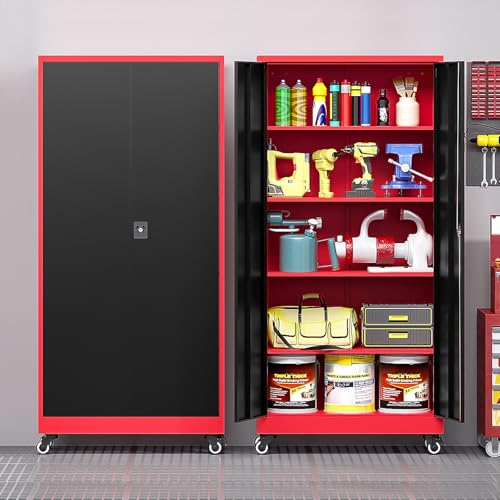 LISSIMO Metal Storage Cabinet with Wheels, Tall Garage Storage Cabinet with 4 Adjustable Shelves and 2 Doors, Lockable Tool Cabinet for Garage Home Office,Gym,School(Black-Red)