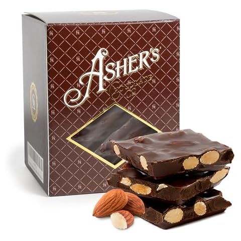 Asher's Chocolates, Gourmet Chocolate Covered Almond Bark, Sweet and Salty Chocolate and Almonds, Small Batches of Kosher Chocolate, Family Owned Since 1892 (1 Pound, Dark Chocolate) Cover