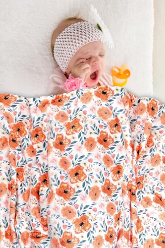Image of Baby Plush Mink Blanket Double Layer with Dotted Backing for Baby Girl or Baby Boy Holiday Thanksgiving (Orange Floral)