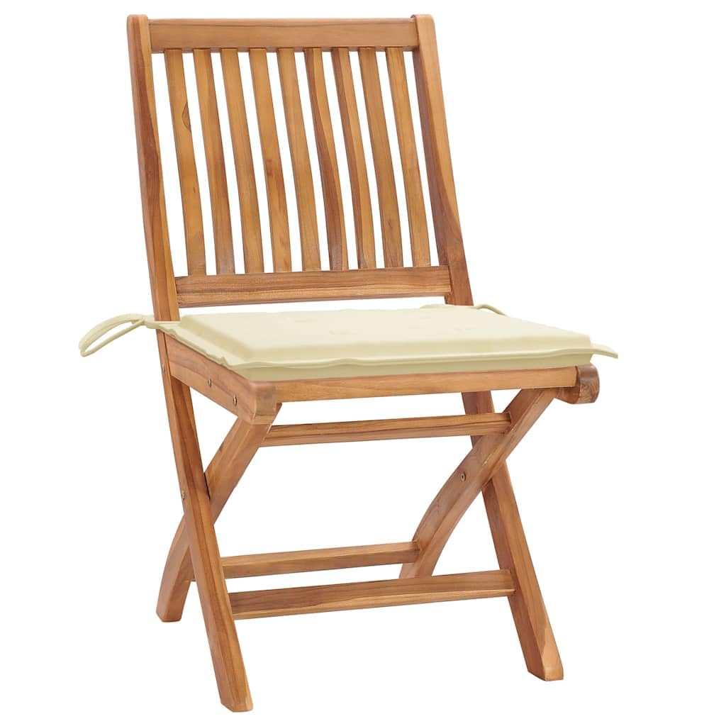 Hothingwell Zestaw 2 składanych krzeseł ogrodowych z litego drewna tekowego z kremowymi poduszkami, ponadczasowy design, na patio, taras lub na zewnątrz, wygodne zakrzywione oparcie, pojemność 110 kg