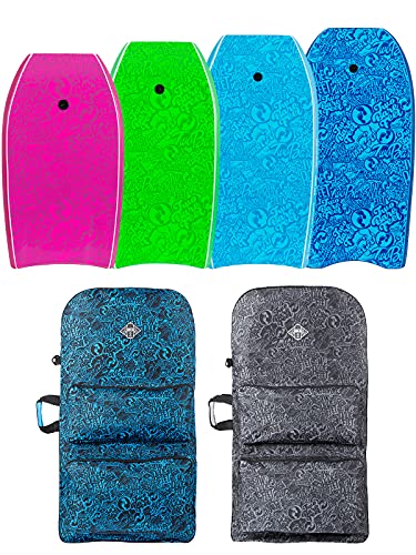 Two Bare Feet Classic Pattern Double Bodyboard and Boardbag Package - 33" 37" 41" 42" 44" Bodyboards for Adults & Kids … (42" Green + 42" Raspberry + 44" Grey Bag)