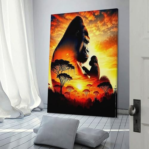 Gorille Murale coucher de soleil : peinture sur toile 60x90cm pour salon
