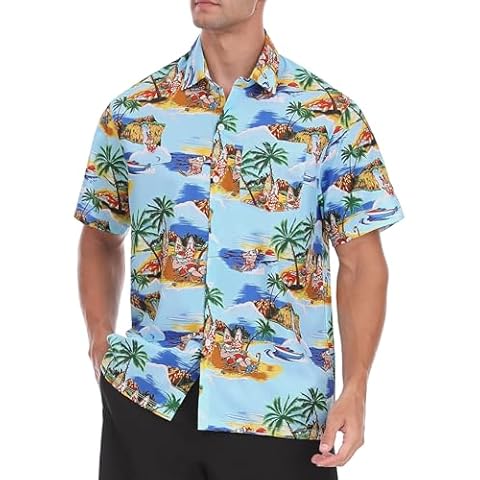 FISHEAL Christmas Hawaiian Shirts for Men - Tropical Short Sleeve Button Down Beach Vacation Holiday Shirt Cover