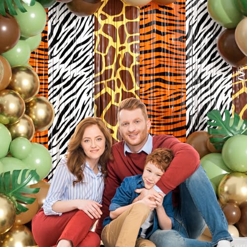 Image of Jungle Safari Balloon Arch Garland Kit Birthday Party Decorations, Animal Foil Fringe Curtains Backdrop Tinsel Streamers Banner Tropical Palm Leaves for Safari Themed Wild Party Decor Supplies Favors