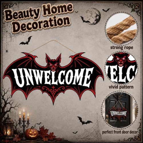 Image of Halloween Decorations - Funny Gothic Bat Wooden Sign for Front Door | Unwelcome Bat Halloween Wood Wreaths Door Sign Decor- Halloween Party Favors Supplies for Home Wall Decor Outdoor Indoor