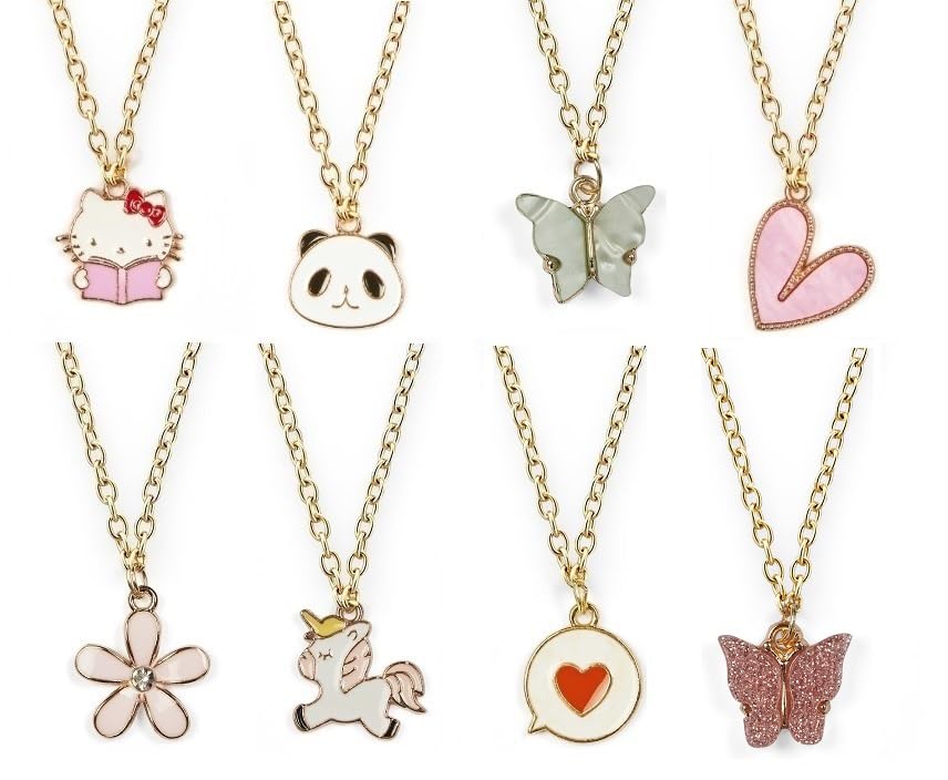 EnlightenMani Pink unicorn, Flat Pink Heart, Turquoise Butterfly, Panda, Pink Petal Flower, Hello Kitty, Chat Red, Pink Glitter Butterfly ~ Pack of 8 Necklaces